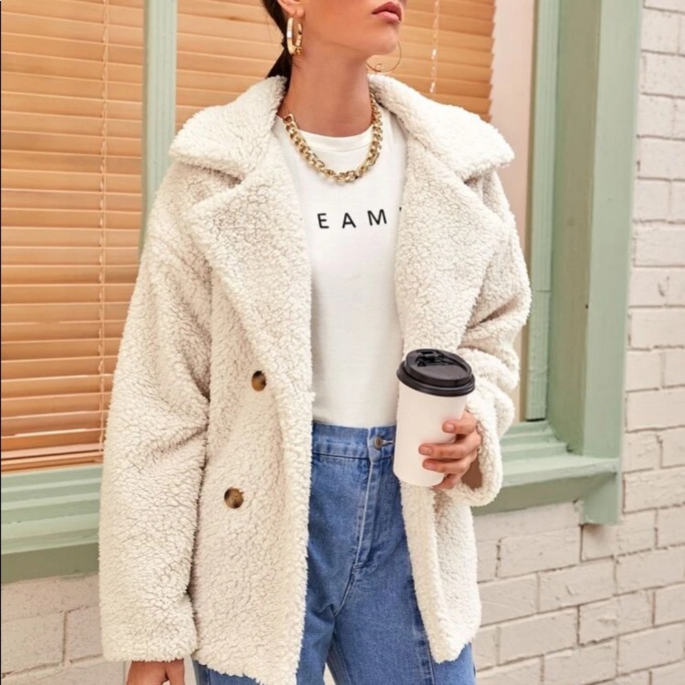 Faux sherling double breasted teddy coat
